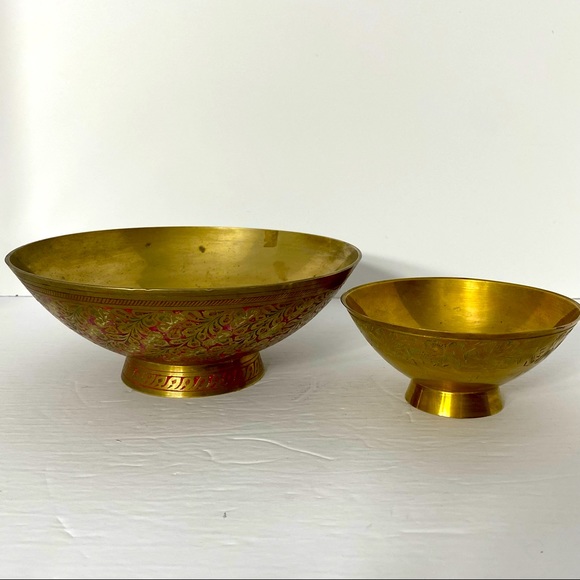 Vintage Brass Bowl Set of 2 Enamel Painted Etched Made in India Mid-Century